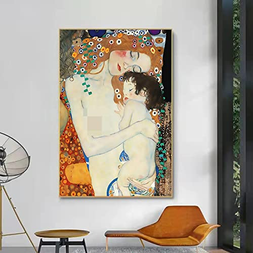 Gustav Klimt Kunstdruck Mutter und Kind Poster Reproduktion Leinwand Gemälde Wandkunst Bilder für Wohnzimmer Wohnkultur 70x100cm Rahmenlos