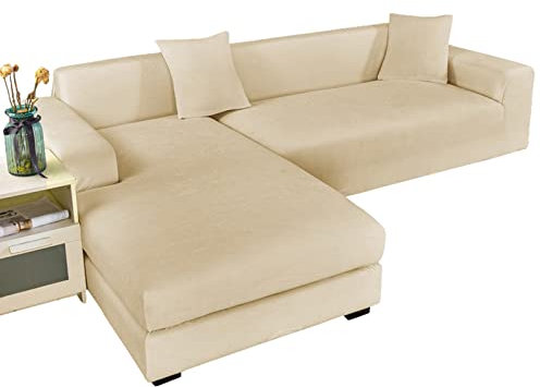 GUYIRT Strecken Sofabezug L Form Samt, L Form Sofa überzug 2 Stück Couchbezug L Form Weicher Möbelschutz Mit Elastischem Boden Für Hunde Und Katzen -Beige-3+2 Sitzer