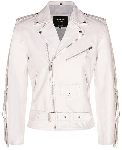 Herren Weiß FRINGE Leder Biker Jacke Brando TASSELED Motorrad Retro Kuhfell