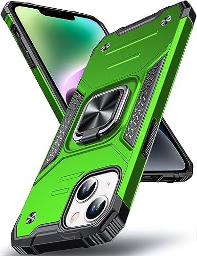 DASFOND Designed for iPhone 15 Case, Military Grade Shockproof Protective Phone Case Cover with Enhanced Metal Ring Kickstand [Support Magnet Mount] for iPhone 15 6.1 inch, Grass Green