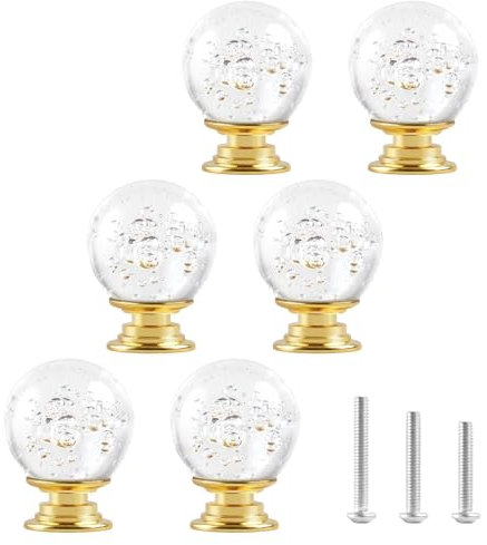 OctinPris 6pcs Clear Crystal Glass Door Knobs Bubble Wardrobe Doorknob Ball-Shape Drawer Wardrobe Pull Knob with Gold Base for Cupboard Cabinet Dresser in Bathroom Kitchen Office ect