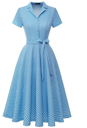 Wedtrend Cocktailkleid Damen Midilang Elegant Wellenpunkt Vintage Kleider Kleid im Audrey Hepburn Stil WTP30001 SkyBlueSmallWhiteDot XS