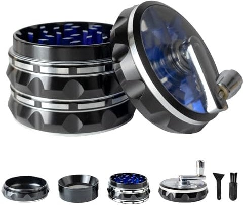 Clear Top Herb Grinder Metal Large 2.5'' Large 4-Part, Aluminum Alloy Spice Grinder with Foldable Handle,Pollen Scraper and Cleaning Brush (Black Blue)