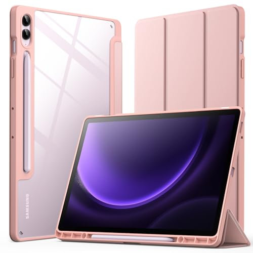 JETech Custodia per Samsung Galaxy Tab S9 FE+ / S9 FE Plus 12,4 Pollici con S Pen Holder, Chiaro Trasparente PC Rigido Retro, Protettiva Trifold Supporto Tablet Cover (Oro Rosa)