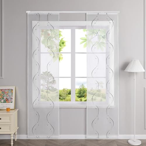 HeichkelL Schiebegardinen mit Klettband Transparent Schiebevorhänge Flächenvorhänge mit Wellen Stickerei 2er Set Gardinenschal Grau BxH 57x145 cm