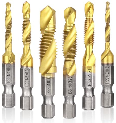 Drill Tap Set, Valkynos 6 Packs Titanium Plated Combination Taps Drill Bit Set, M3 M4 M5 M6 M8 M10 Hex Shank HSS Screw Thread Metric Compound Tap Drill Bits Metal Drilling