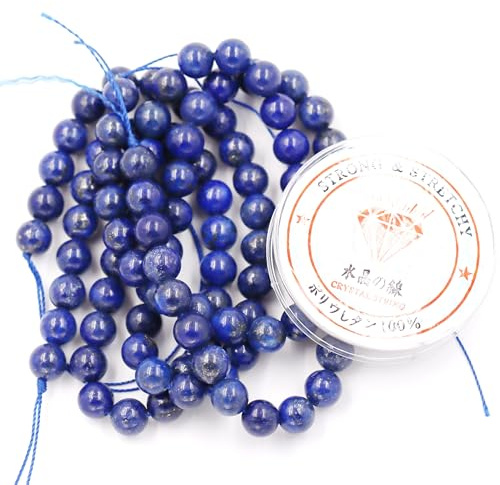 Fukugems Perlen mit Stretch-Kordel für Schmuckherstellung lose Steinperlen für DIY Energiestein Heilkraft Armband 6mm=128 Stücke und 1 Roll Cord Lapis Treated 6mm