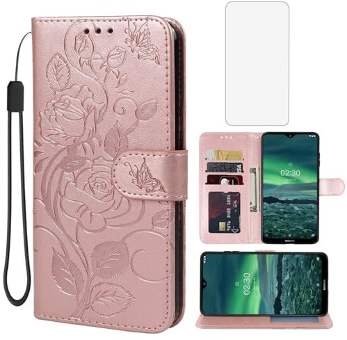 Yerebel for Nokia 2.3 Case TA-1211 TA-1214 Wallet Case with Tempered Glass Screen Protector, Flower Leather Flip Protective Case Credit Card Holder Stand Phone Cover for Nokia 2.3 Rose Gold