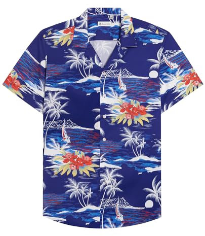 siliteelon Mens Hawaiian Shirt Cotton Regular Fit Short Sleeve No Iron Casual Beach Summer Aloha Shirt,Blue,M