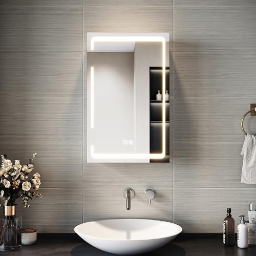 SIRHONA Armoire Miroir Salle de Bain avec Miroir, Armoire Pharmacie avec 3 Couleurs de Lumière Réglables et Anti-Buée, Armoire de Toilette avec Charnière Aans Fil, 38 x 60 x 14cm