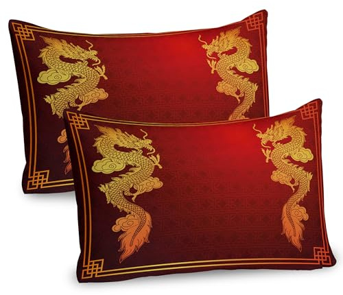 ABAKUHAUS Drachen Kissenbezug Packung mit 2, Chinesisches Erbe-historisches asiatisches Ostmotiv mit legendärem Geschöpf-Entwurf, Dekorativer Standard Gedruckter Kissenbezug, 80 x 40 cm, Orange Gelb