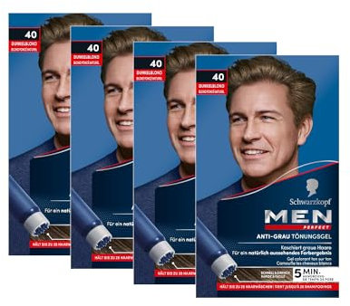 Men Perfect Gel de tinte antigris 40 rubio oscuro (4 x 80 ml), tinte para el cabello de los hombres que difuminan las canas, tinte antigris para un resultado de aspecto natural