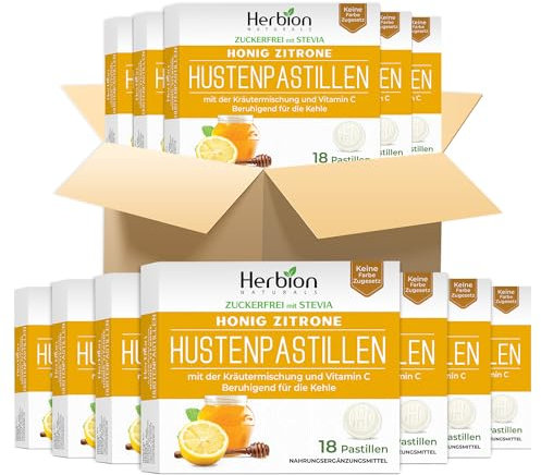 Herbion Naturals Hustenbonbons mit natürlichem Honig-Zitronen-Geschmack, zuckerfrei mit Stevia, Nahrungsergänzungsmittel, lindert Husten, 18 Lutschtabletten (Packung mit 48)