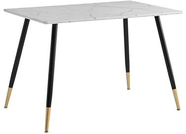 39F FURNITURE DREAM Scandinavian Design Dining Table with White Marble Paper top and Black and Gold Metal Legs for Kitchen, Dining Room, Living Room, White, 110 x 70 x 75 cm
