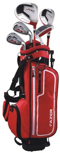 FAZER Junior J TEK Kids Golf Set with Oversize Driver, Hybrid, 7 Iron, Wedge, Putter, Bag & Headcovers - Lightweight Graphite Shafts, Soft Grips - Starter Kids Golf Clubs Ages 9-11