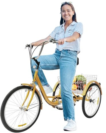 CLEADONG 24 Zoll Dreirad Für Erwachsene, 6 Gang Adult Fahrrad Mit 3 Räder Und Korb, 3 Räder Dreirad Mit Einstellbare Kissen Und Griff Für Männer Frauen Ältere Menschen Und Erwachsene, Gelb