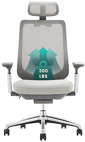 COLAMY XK Atlas Ergonomischer Netz-Bürostuhl, Chefsessel mit hoher Rückenlehne, Verstellbarer Kopfstütze und 4D-Armen, Schiebesitz, Kippsperre, Aluminium-Basis, Hellgrau