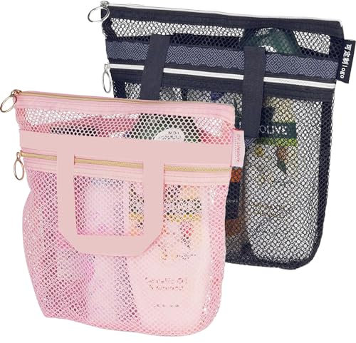 Dinghaole Borsa da Doccia in Rete, 2 Pezzi Borsa da Doccia Portatile ad Asciugatura Rapida per dormitorio, Palestra, Nuoto, Spiaggia - 25 x 26 cm (Rosa + Nero)