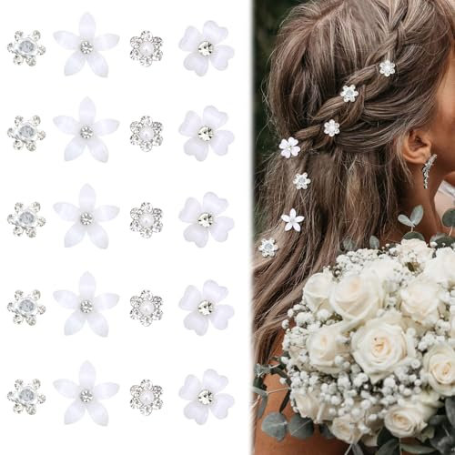 NATOSU Lot de 20 mini pinces à cheveux en forme de fleur avec strass - Petites pinces à cheveux décoratives pour mariage - Pinces à cheveux blanches - Accessoires de cheveux de mariée pour filles et