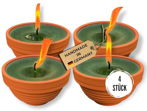 Lavalis Lot de 4 petites bougies d'extérieur en terre cuite, remplies à la main, en cire recyclée, durée de combustion de 15 h, hauteur de flamme : 5 cm, diamètre : 9,5 cm