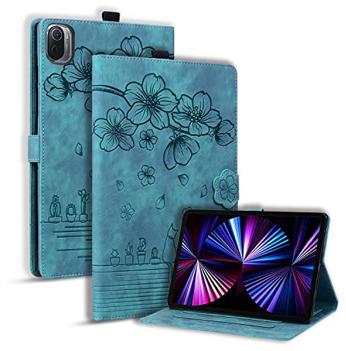 TEDTIKJT Custodia per Xiaomi Pad 5 Pro/Xiaomi Pad 5 11 Pollici 2021 Tablet Custodia, PU Pelle Libro Cover con Supporto Funzione Protettiva Magnetica Tablet Cover per Xiaomi Pad 5,Gatto Sakura Verde