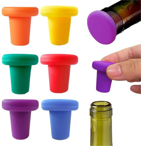 6 pièces Bouchons de vin, Bouchons à Vin Silicone, Colorées Réutilisables Vide Scellant Bouchon,Fermeture du vin,Couvercle du Boisson pour Garder Le vin Frais.