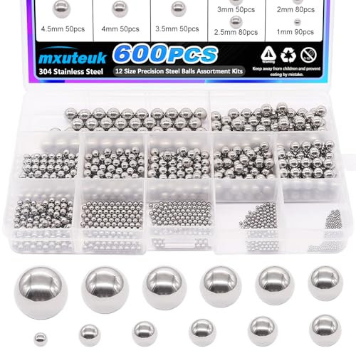 mxuteuk 600pcs 12 Größe Edelstahl Präzisionsstahlkugeln 1-8mm Metrische Fahrradlagerkugeln Klassifizierung Kit Mischkugeln 1mm 2mm 2.5mm 3mm 3.5mm 4mm 4.5mm 5.5mm 6mm 7mm 8mm K-085-600