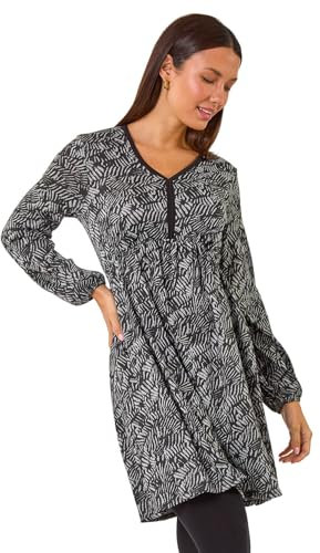 Roman Stretch Jersey Dress for Women UK - Ladies Gathered Waist A Line Swing Skater Fit & Flare A Line Winter Autumn Knee Length V-Neck Casual Smart Cocktail Party Going Out - Grey Black - Size 12