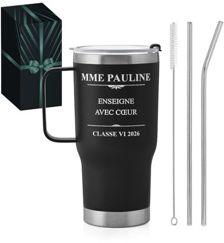 Maverton Mug Isotherme Personnalisable Noir en Acier Inoxydable 600 ml - Mug Personnalisé Maitresse avec 2 Pailles et Boîte - Cadeau Maitresse d'École fin d'année - Cadeau Prof enseignante