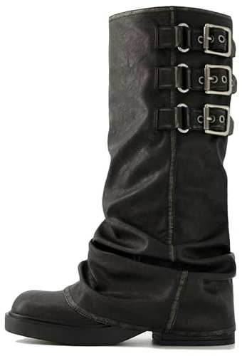 ClassicSter Fold Over Knee High Boots Slouch Boots for Women Chunky Goth Platform Boots,2 inch Heel Wide Calf Long Boots Square Toe Riding Boots(US 7.5)