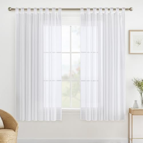 MIULEE Gardinen Schlaufenschal 2er Set Vorhänge Transparente Schlaufen Gardine Weiss aus Voile Vorhang Transparent Wohnzimmer Luftig Dekoschal für Schlafzimmer 137 x 140 cm (H x B), Tab Top Weiß