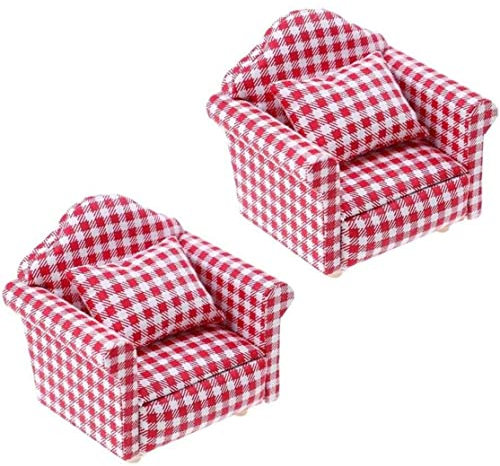 Liummrcy Weihnachtsdekorationen, Puppenhaus Sofa Sessel mit Kissen Mini Puppen Hausmöbel Couch Stuhl Miniatur Holzmöbel Handgemachte Handwerksbedarf, rot Karierte, Puppenhauszubehör