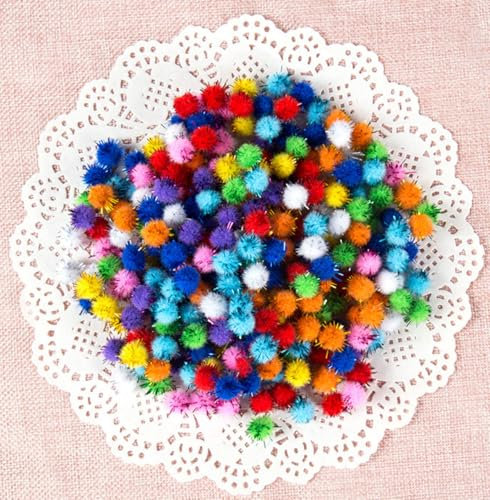 Blausky 300 Stück Mini Pompons,Rund Pompon,Plush Pompons mit Bunt Glitzer,Flauschigen Plüsch Bälle,Pompons zum Basteln,für Ostern DIY Kreativen Handwerk Nähen Dekorationen,Bunt,1 cm