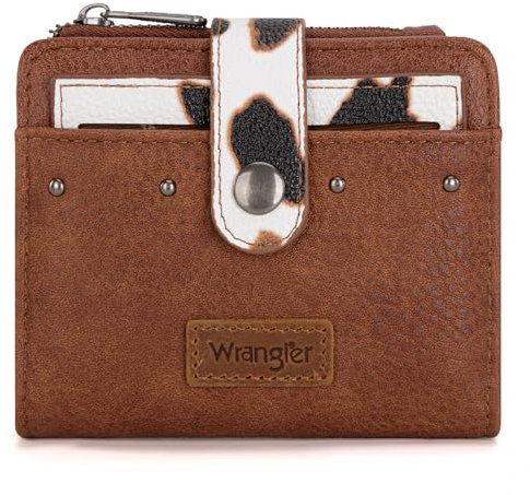 Montana West X Wrangler Geldbörse für Damen, klein, faltbar, Kreditkartenetui mit abnehmbarem Ausweisfenster, Kuh-Print Braun, Western