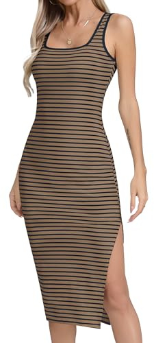 Missufe Damen Sommerkleid Midikleid Bodycon mit Schlitz Enges Streifen Bleistiftkleid