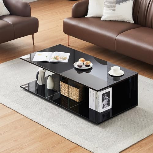 CLIPOP Couchtisch Schwarz Hochglanz Wohnzimmertisch, Beistelltisch Kaffeetisch mit Offenem Ausstellungsregal, Sofatisch modern für Wohnzimmer, 120x60x41.5 cm