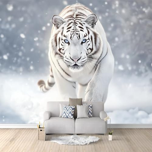 Fototapete 200 x 140 cm Tapete Fototapeten Vlies Tapeten Vliestapete Wandtapete moderne Wand Wandbild Schlafzimmer Wohnzimmer Tierischer Weißer Tiger 3d Effekt Weiß