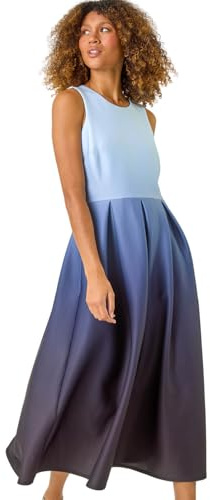 Roman Ombre Pleated Luxe Stretch Midi Dress for Women UK - Ladies Spring Everyday Summer Holiday Round Neckline Comfy Sleeveless Soft Fit & Flare Frock Dinner Date Gowns - Blue - Size 14