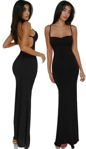 AOWVUTS Women's Maxi Dress Ladies Spaghetti Strap Sleeveless Long Dress Elegant Backless Bodycon Dresses Sexy Solid Color Lounge Slip Dress Party Evening Cocktail Dress Y5k Aesthetic Clothes