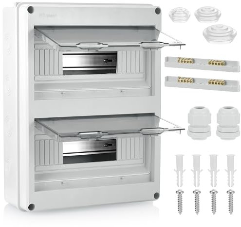 JIZZU Coffret Electrique Etanche IP65, 24 Modules Avec Terminaux et Rails Intégrés Boîte à Fusibles Distributeur en Saillie, ABS de Surface en Plastique Avec Porte Transparente