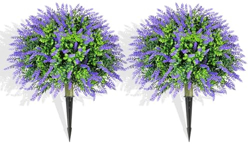 LAFORMO Artificial Lavender Topiary Ball Trees with Ground Spike, 2 Pack 15.7 UV Resistant Artificial Shrubs, Fake Evergreen Artificial Plant Brush for Indoor Outdoor Front Porch Garden