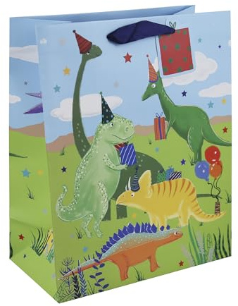 Eurowrap Dinsoaur Party Gift Bag With Gift Tag - Gift Bag for Boys, Girls, Birthdays, Kids, Children - Dinosaur Themed Boys Happy Birthday Gift Wrap Occasion Present - Large Size