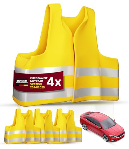 Thomatex® Warnwesten Auto 2er-Set – DIN EN ISO 20471 – Maximale Sichtbarkeit bei Tag und Nacht – Universelle Größe XL – 100% reflektierend, gelb