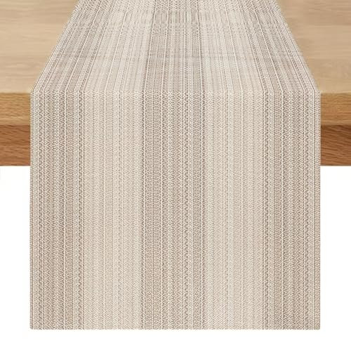Tischläufer Modern 40x100 cm Tisch Läufer Modern Beige Braun Streifen Vintage Abwaschbar Landhausstil Leinenoptik Scheunenholz Textur Tischläufer für Frühling Herbst Küche Tischdeko