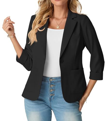 GRECERELLE Womens Blazer Suit Elegant 3/4 Sleeve Notch Lapels Collar Jackets Business Work Office Cardigans Jacket Suiting & Blazers with Pockets Button for Ladies (Black, 14)