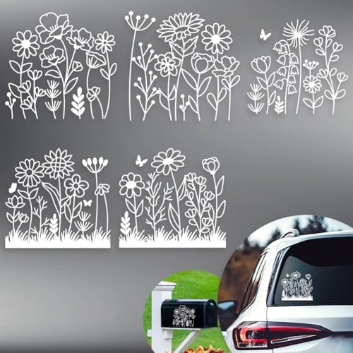 Hobbspring 5 Stile Blumen Autoaufkleber Reflektierende Universelle Wildblumen Dekos Schöne Lustige Boho Blüten Flora Kunststoff Deko Für Autos LKW Fenster Wände Laptop