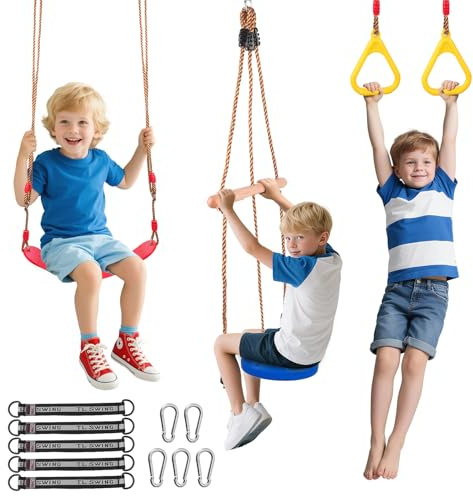 3in1 Trapez Schaukel für Kinder Indoor -Outdoor, mit Turnringe aus Kunststoff und Schaukelbrett aus Holz-Höhenverstellbar und belastbar Kletterspaß Für Garten oder Zuhause