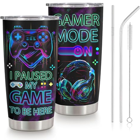 Gamer Geschenk, 600ml Gaming Thermobecher mit Strohhalm, Edelstahlbecher Zocker Zubehör Set inkl, Geschenke für Gamer Zocker, Gamer Becher für Männer Jungs PC Gaming Zimmer Deko, 20oz