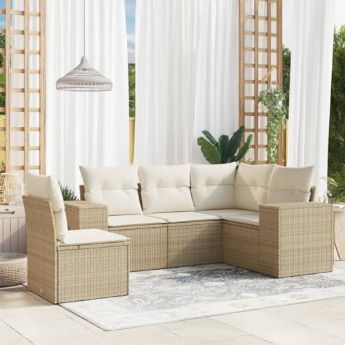 QJBSAVVA Gartenmöbel Set 5-TLG Poly Rattan Beige Ecksofa Mittelsofa Sofa mit Armlehnen Tragkraft 110 kg UV-beständig Modular für Garten Balkon Terrasse