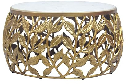 FineBuy Couchtisch 60cm Gold mit weißer Marmor Tischplatte - Wohnzimmertisch rund - Sofatisch modern - Beistelltisch Aluminium - Design Beistelltisch Wohnzimmer Metallgestell Handmade